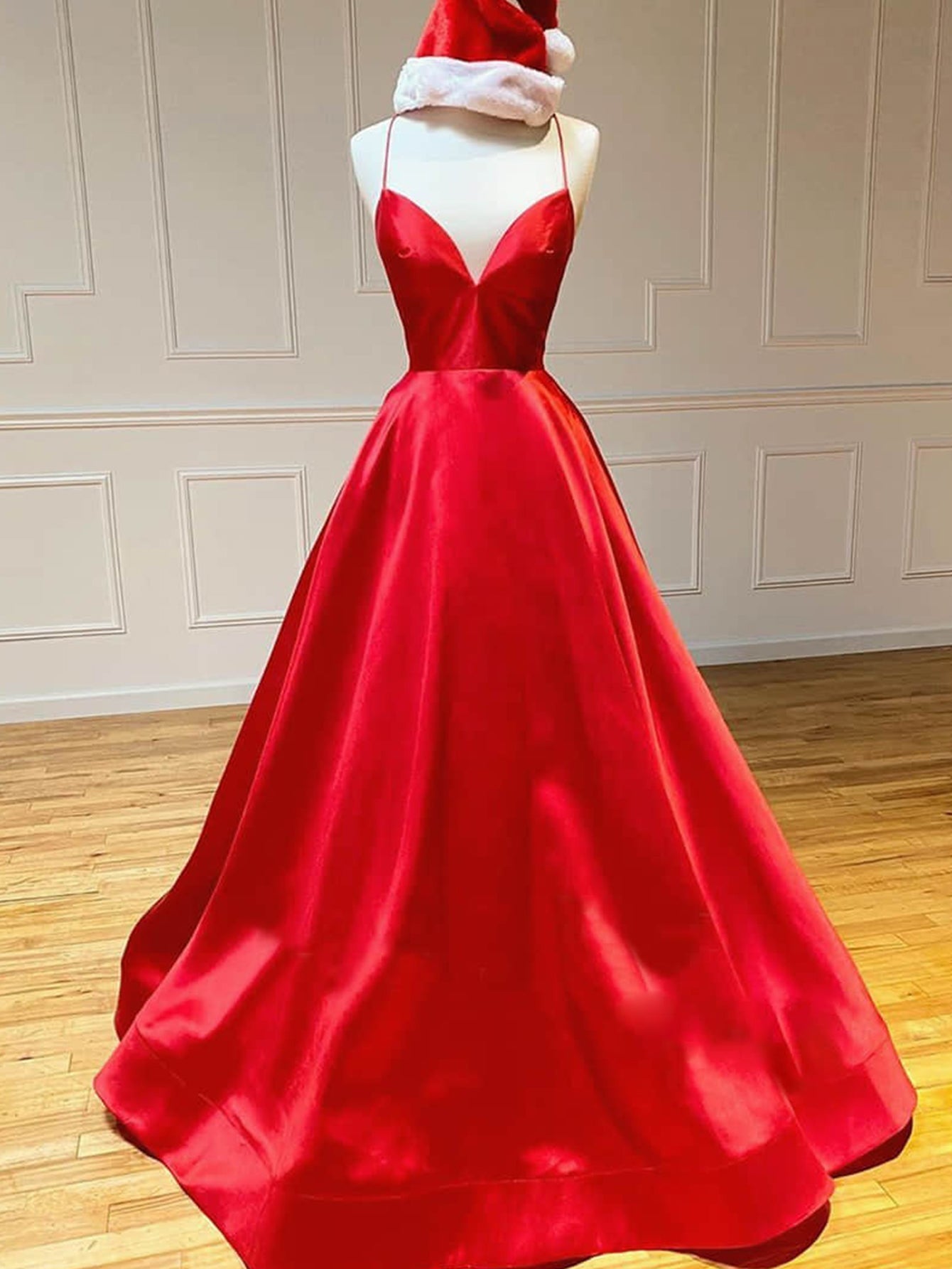 Satin A Line V Neck Long Prom Dress