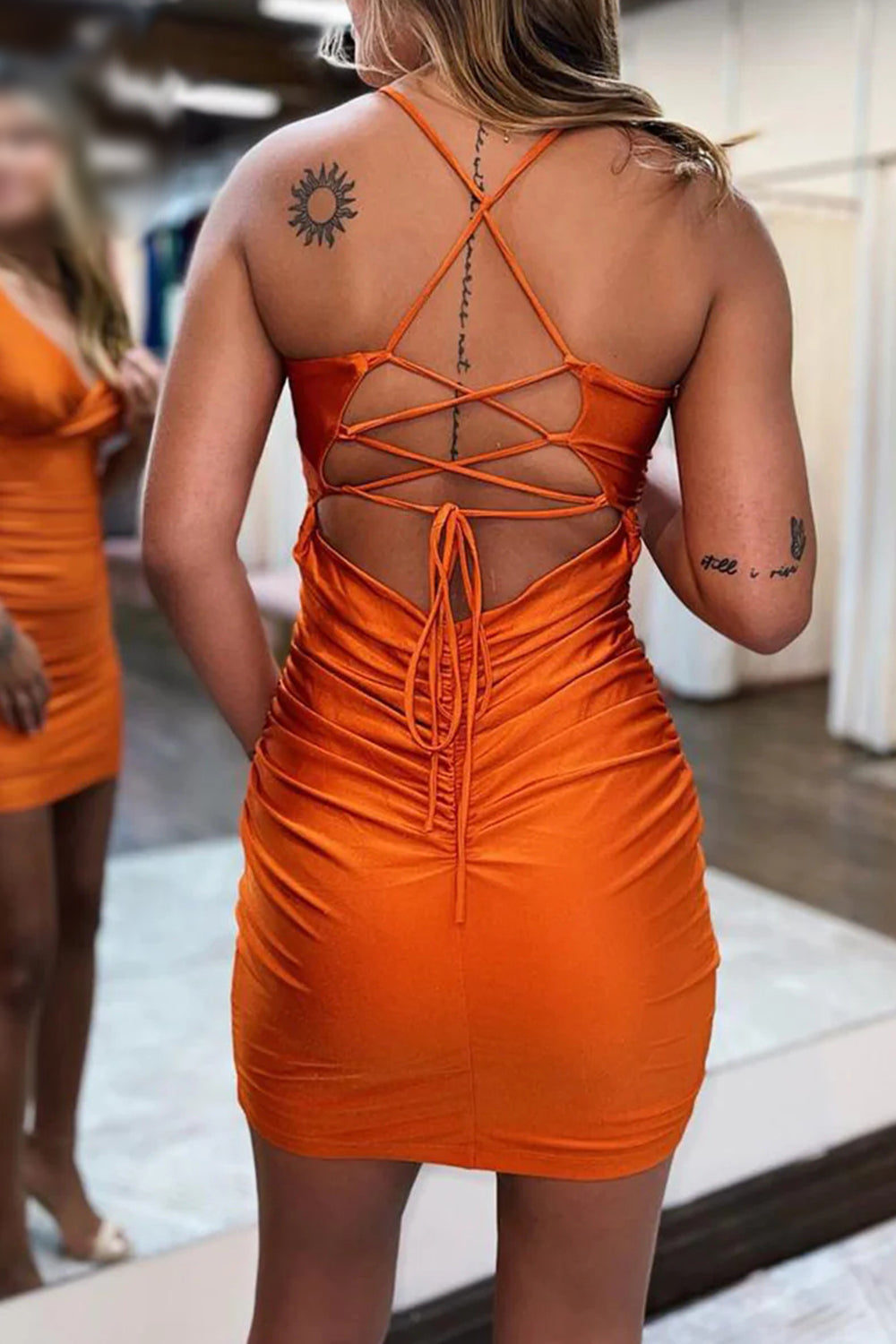 Lace-Up Back Spaghetti Straps Tight Short Homecoming Dress