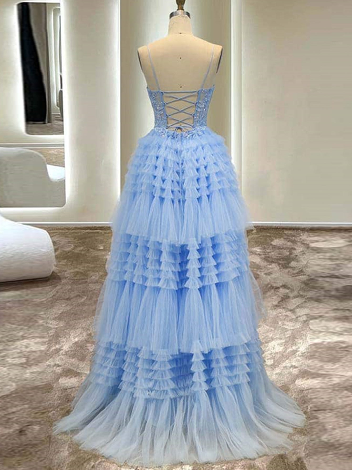 A-Line Spaghetti Straps Tulle Long Prom Dress