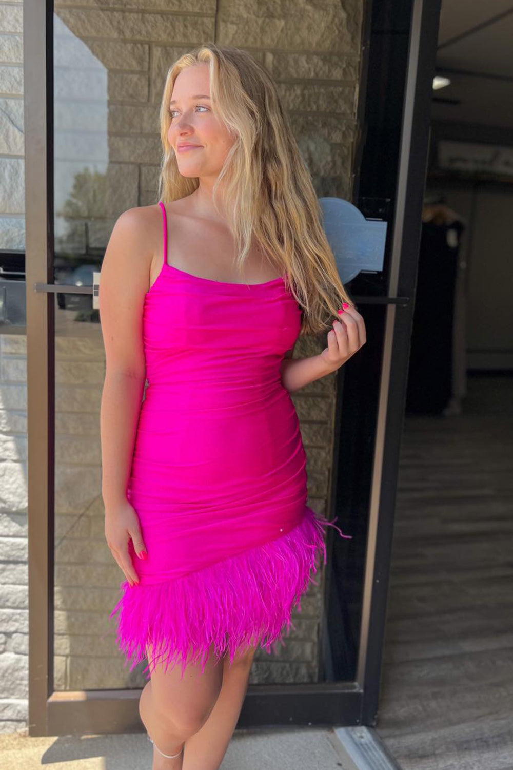 Sheath Blue Homecoming Dress with Feathers