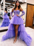 A-Line Asymmetrical Strapless Tiered Tulle Prom Dress