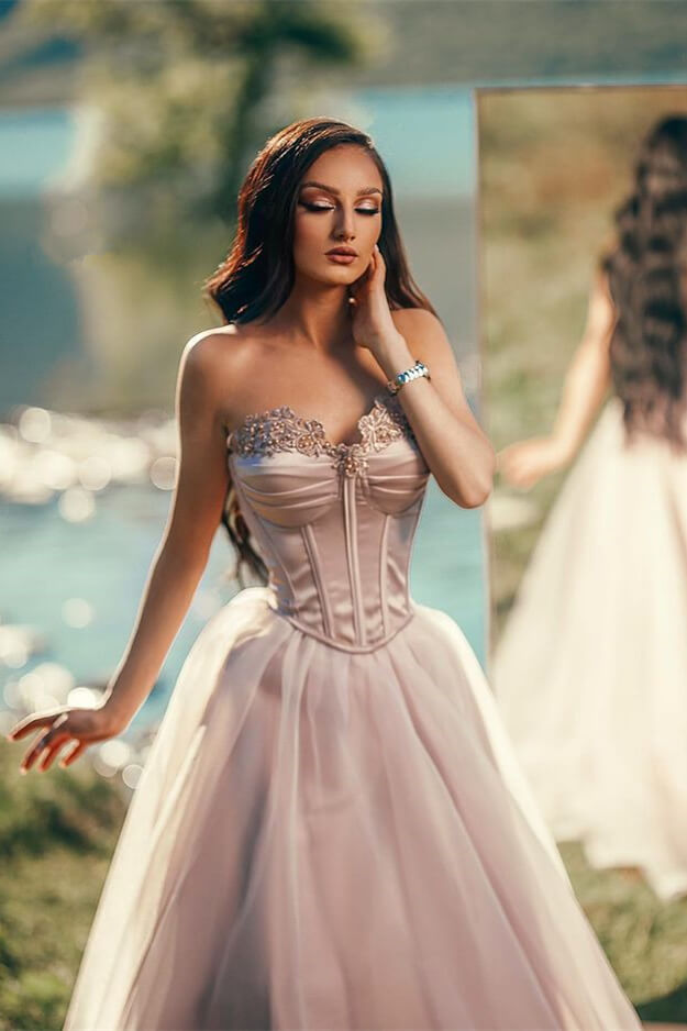 Strapless A-line Long Prom Dress with Tulle Applique and Pleats