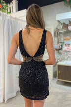 Sheath V Neck Black Sequins Homecoming Dress