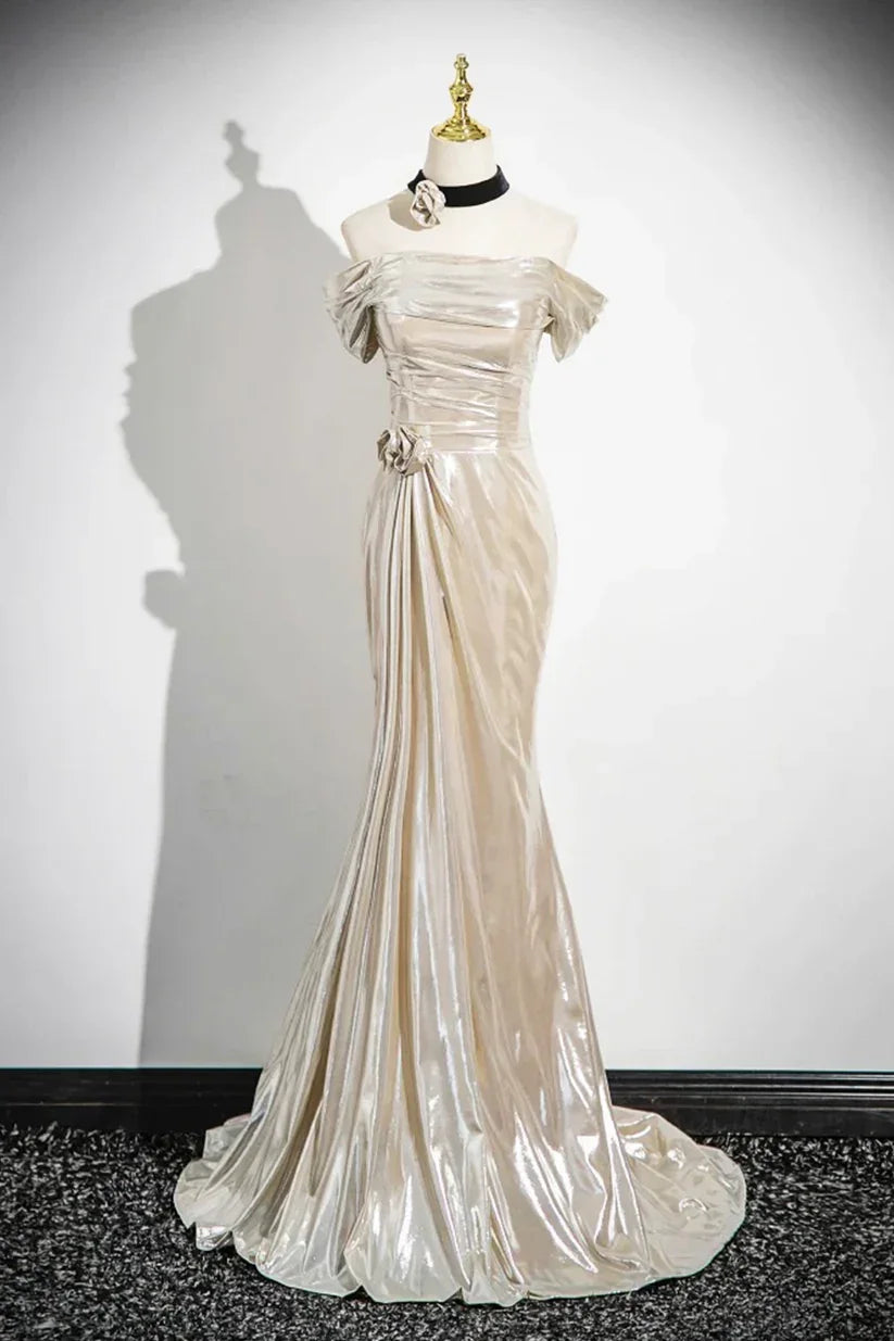 Charming Champagne Off The Shoulder Satin Prom Dress Mermaid Evening Gown Y8202