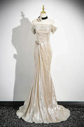 Charming Champagne Off The Shoulder Satin Prom Dress Mermaid Evening Gown Y8202