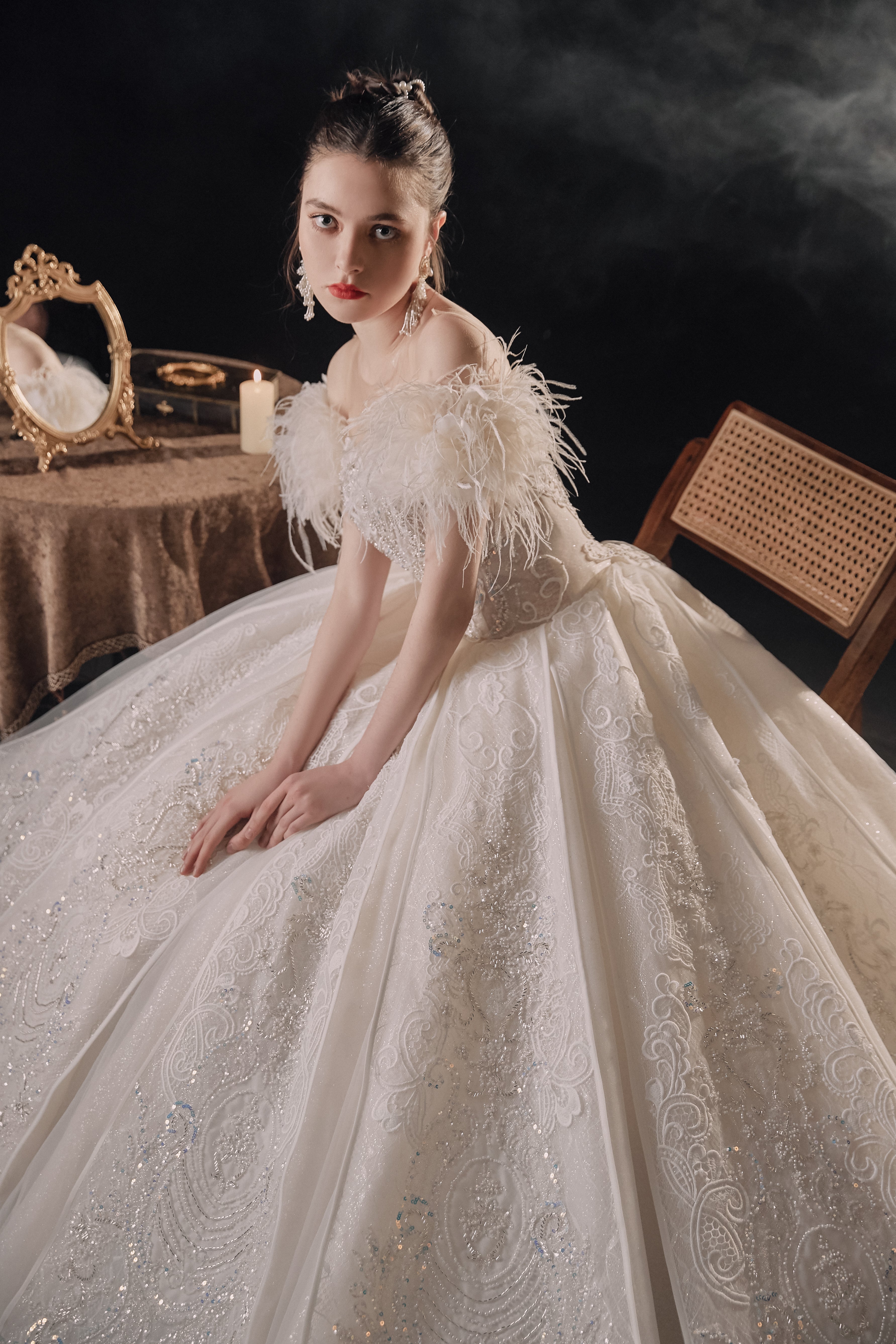 Ethereal Off-Shoulder Feather Ball Gown Wedding Dress with Cathedral Train & Crystal Lace Appliqués