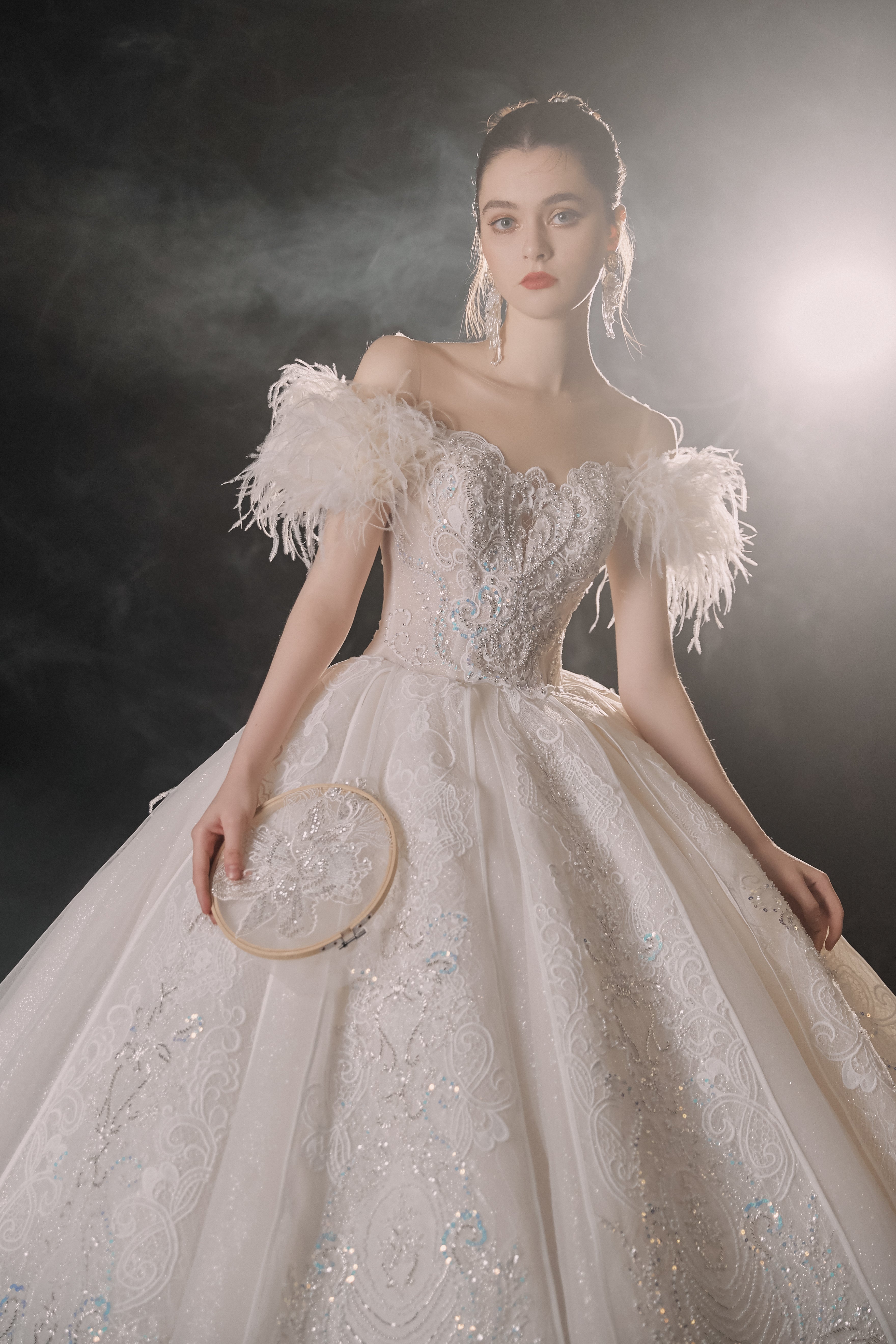Ethereal Off-Shoulder Feather Ball Gown Wedding Dress with Cathedral Train & Crystal Lace Appliqués