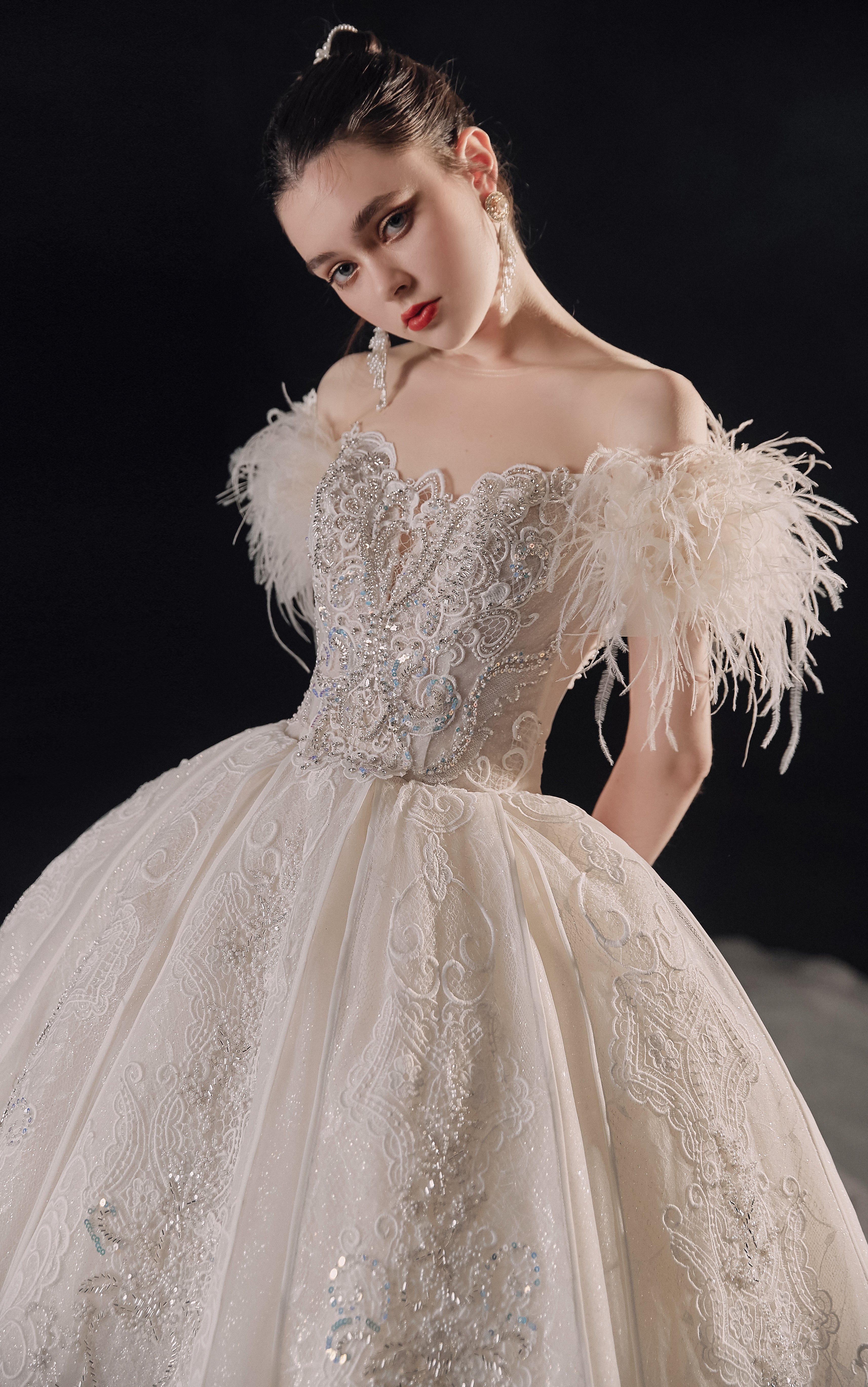 Ethereal Off-Shoulder Feather Ball Gown Wedding Dress with Cathedral Train & Crystal Lace Appliqués