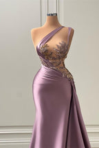 Long Mermaid One Shoulder Satin Lace Sleeveless Prom Dress