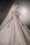 Ethereal Off-Shoulder Feather Ball Gown Wedding Dress with Cathedral Train & Crystal Lace Appliqués