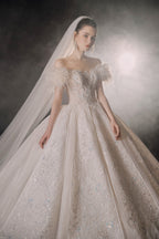 Ethereal Off-Shoulder Feather Ball Gown Wedding Dress with Cathedral Train & Crystal Lace Appliqués