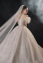 Ethereal Off-Shoulder Feather Ball Gown Wedding Dress with Cathedral Train & Crystal Lace Appliqués