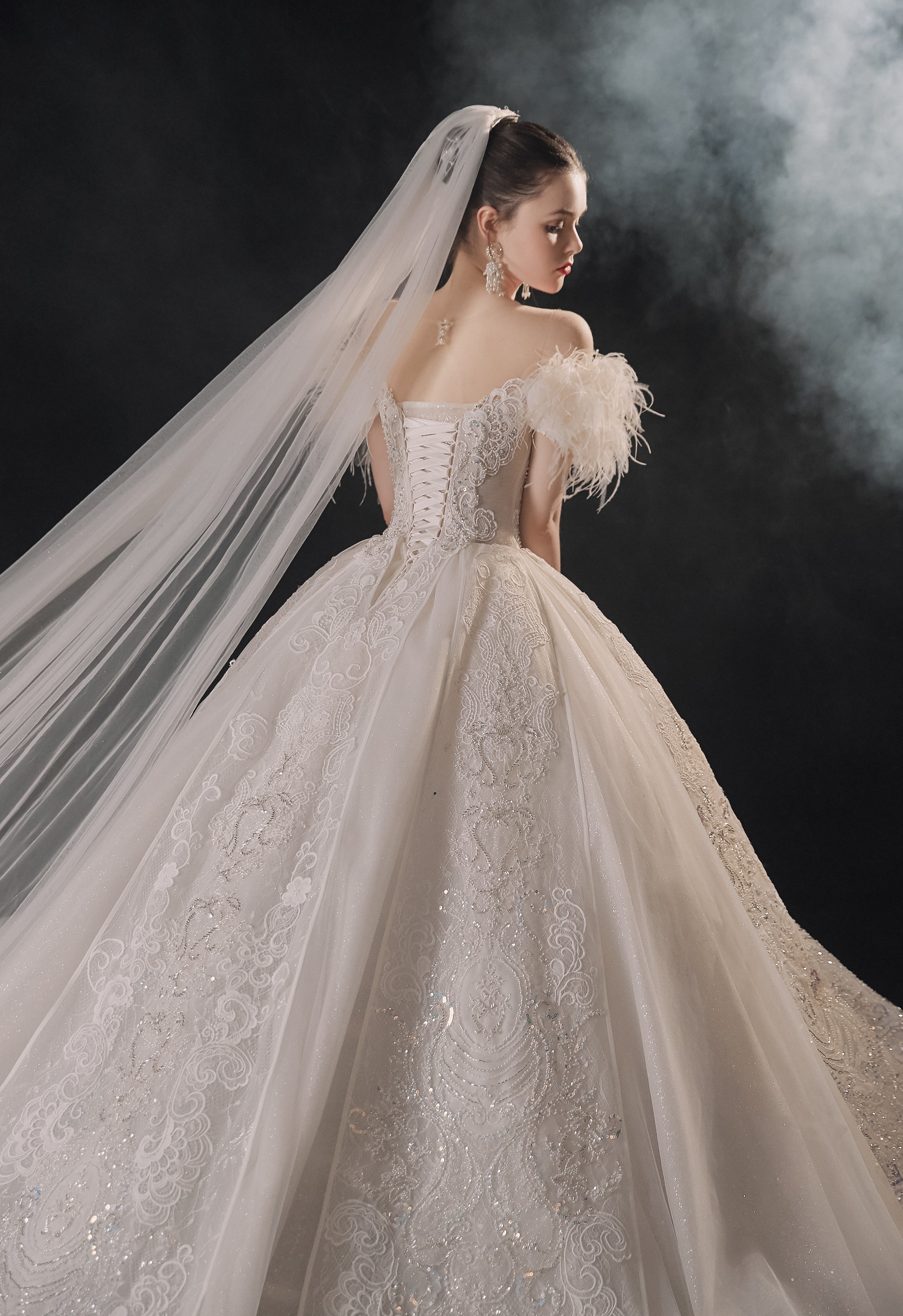 Ethereal Off-Shoulder Feather Ball Gown Wedding Dress with Cathedral Train & Crystal Lace Appliqués