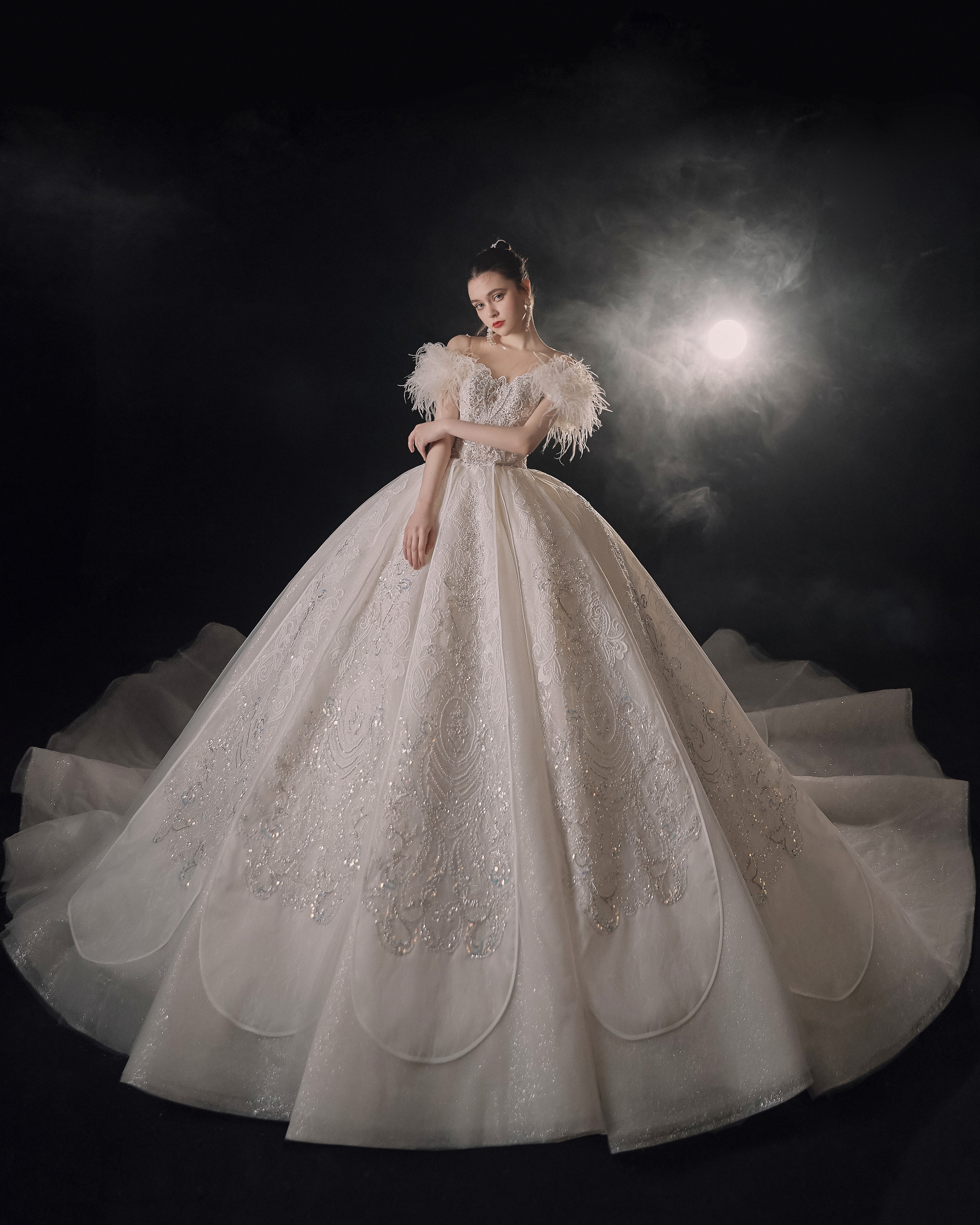 Ethereal Off-Shoulder Feather Ball Gown Wedding Dress with Cathedral Train & Crystal Lace Appliqués