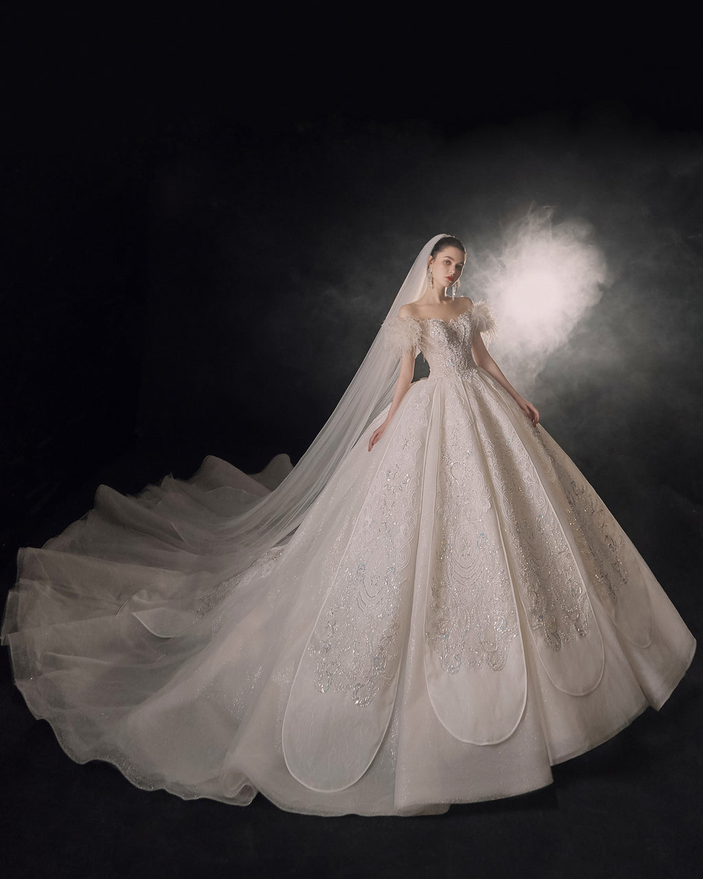 Ethereal Off-Shoulder Feather Ball Gown Wedding Dress with Cathedral Train & Crystal Lace Appliqués