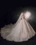 Ethereal Off-Shoulder Feather Ball Gown Wedding Dress with Cathedral Train & Crystal Lace Appliqués