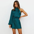 Autumn Winter Women Clothing Evening Dress: High Grade Satin One Shoulder Elegant Dress