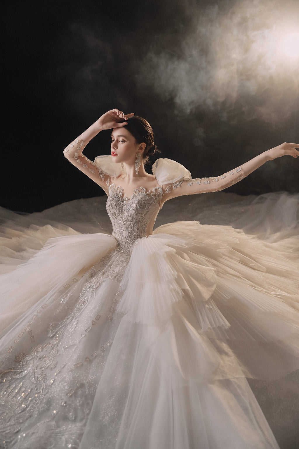 Regal Puff-Sleeve Crystal Ball Gown Wedding Dress with Cathedral Train & Layered Tulle Skirt