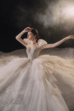 Regal Puff-Sleeve Crystal Ball Gown Wedding Dress with Cathedral Train & Layered Tulle Skirt