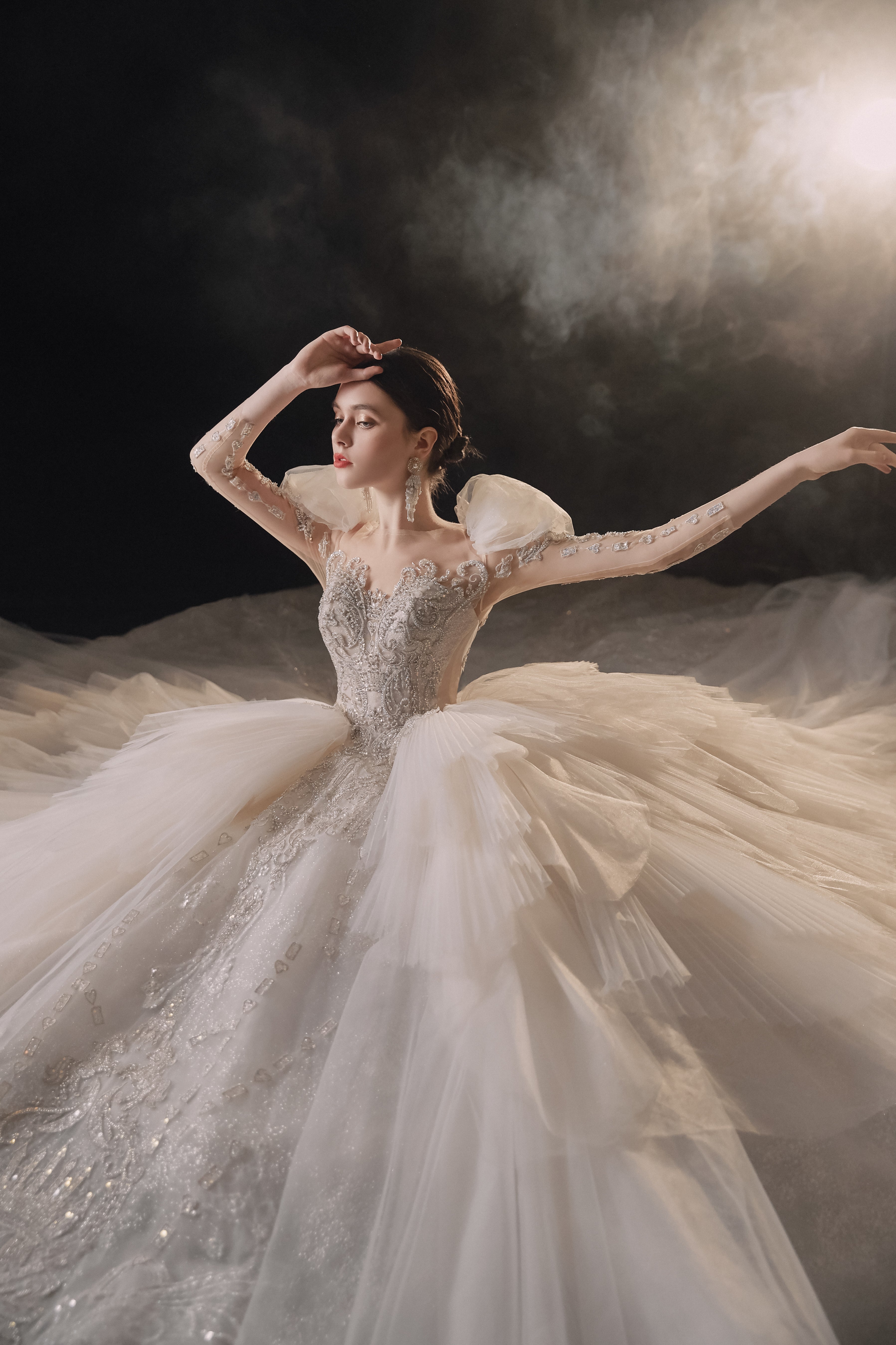 Regal Puff-Sleeve Crystal Ball Gown Wedding Dress with Cathedral Train & Layered Tulle Skirt