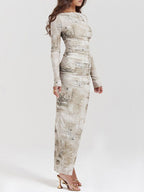 Long Sleeves Skinny Printed Split-Back Split-Joint Round-Neck Evening Dresses Maxi Dresses