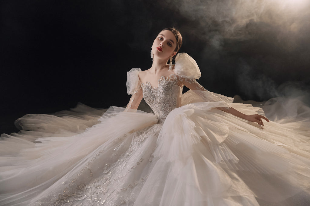 Regal Puff-Sleeve Crystal Ball Gown Wedding Dress with Cathedral Train & Layered Tulle Skirt