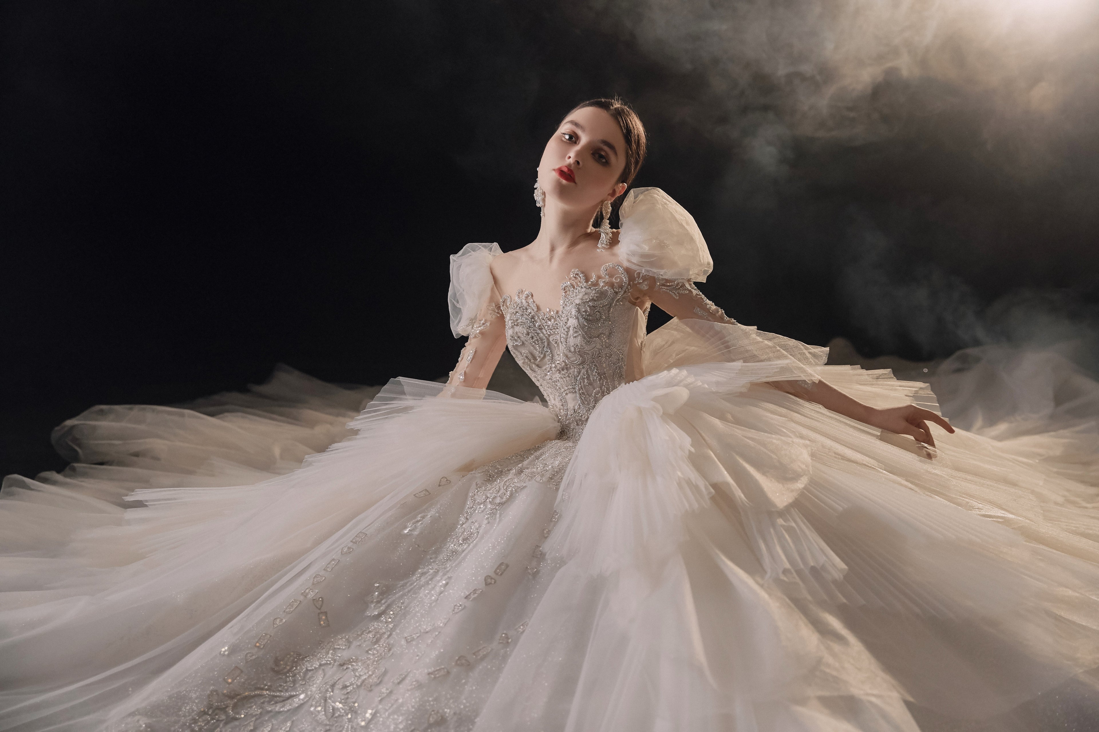 Regal Puff-Sleeve Crystal Ball Gown Wedding Dress with Cathedral Train & Layered Tulle Skirt