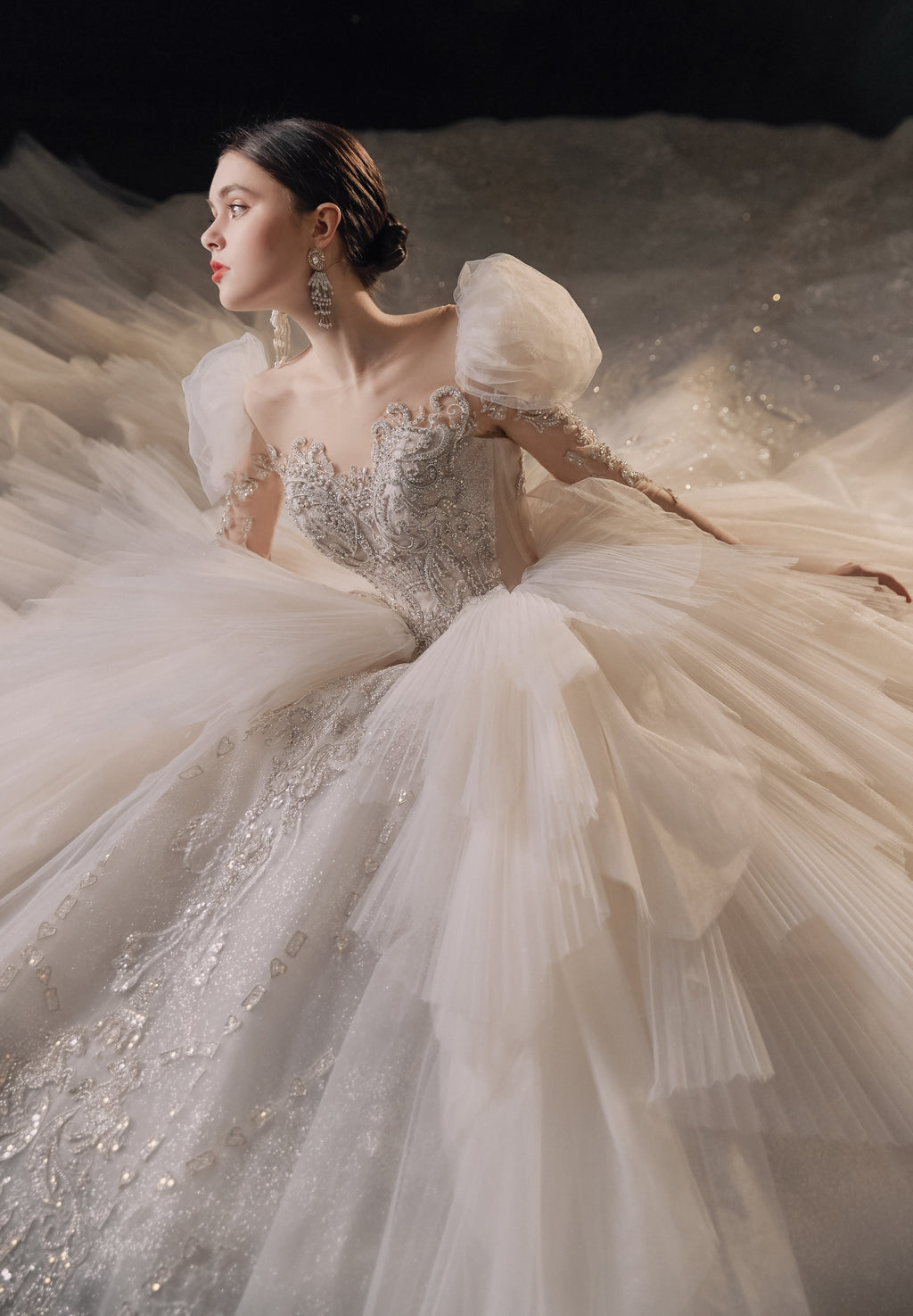Regal Puff-Sleeve Crystal Ball Gown Wedding Dress with Cathedral Train & Layered Tulle Skirt