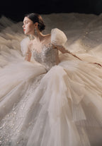 Regal Puff-Sleeve Crystal Ball Gown Wedding Dress with Cathedral Train & Layered Tulle Skirt