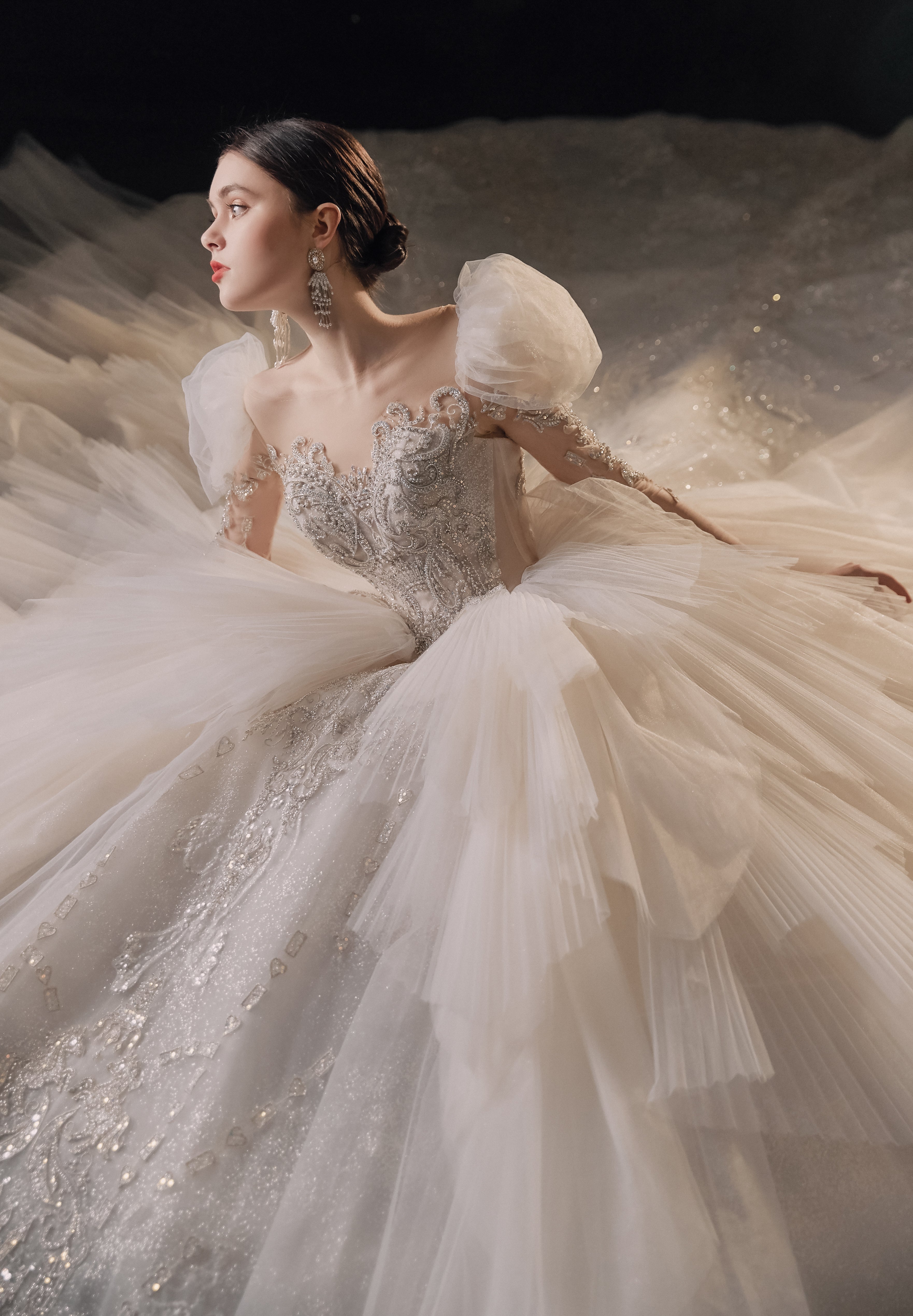 Regal Puff-Sleeve Crystal Ball Gown Wedding Dress with Cathedral Train & Layered Tulle Skirt