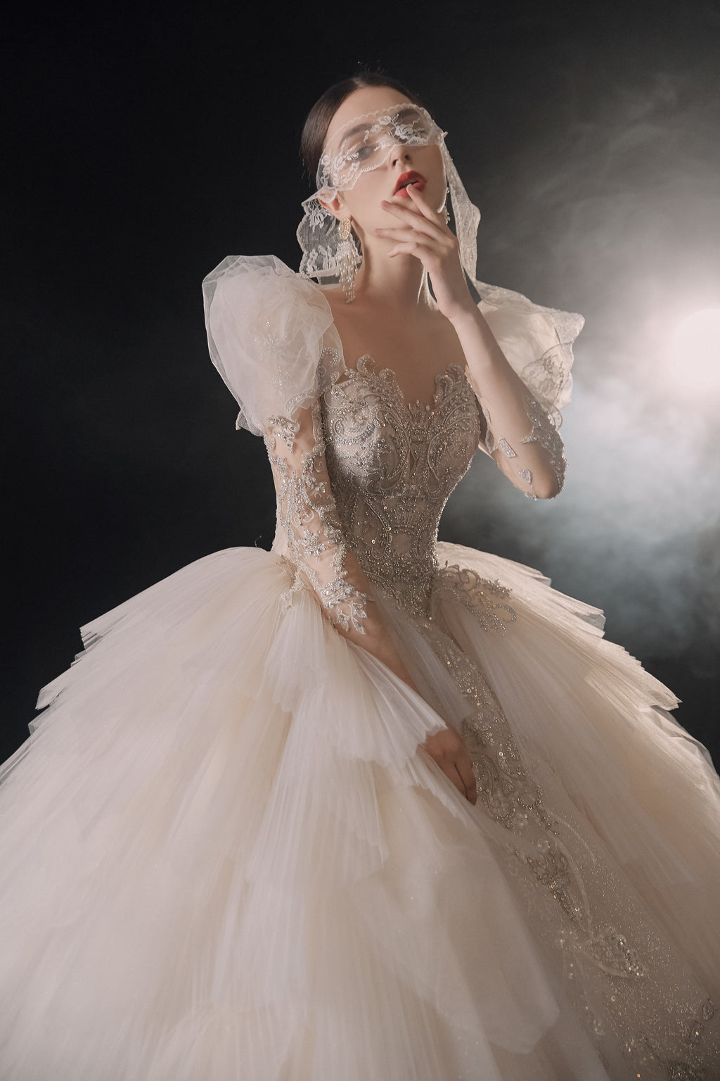 Regal Puff-Sleeve Crystal Ball Gown Wedding Dress with Cathedral Train & Layered Tulle Skirt
