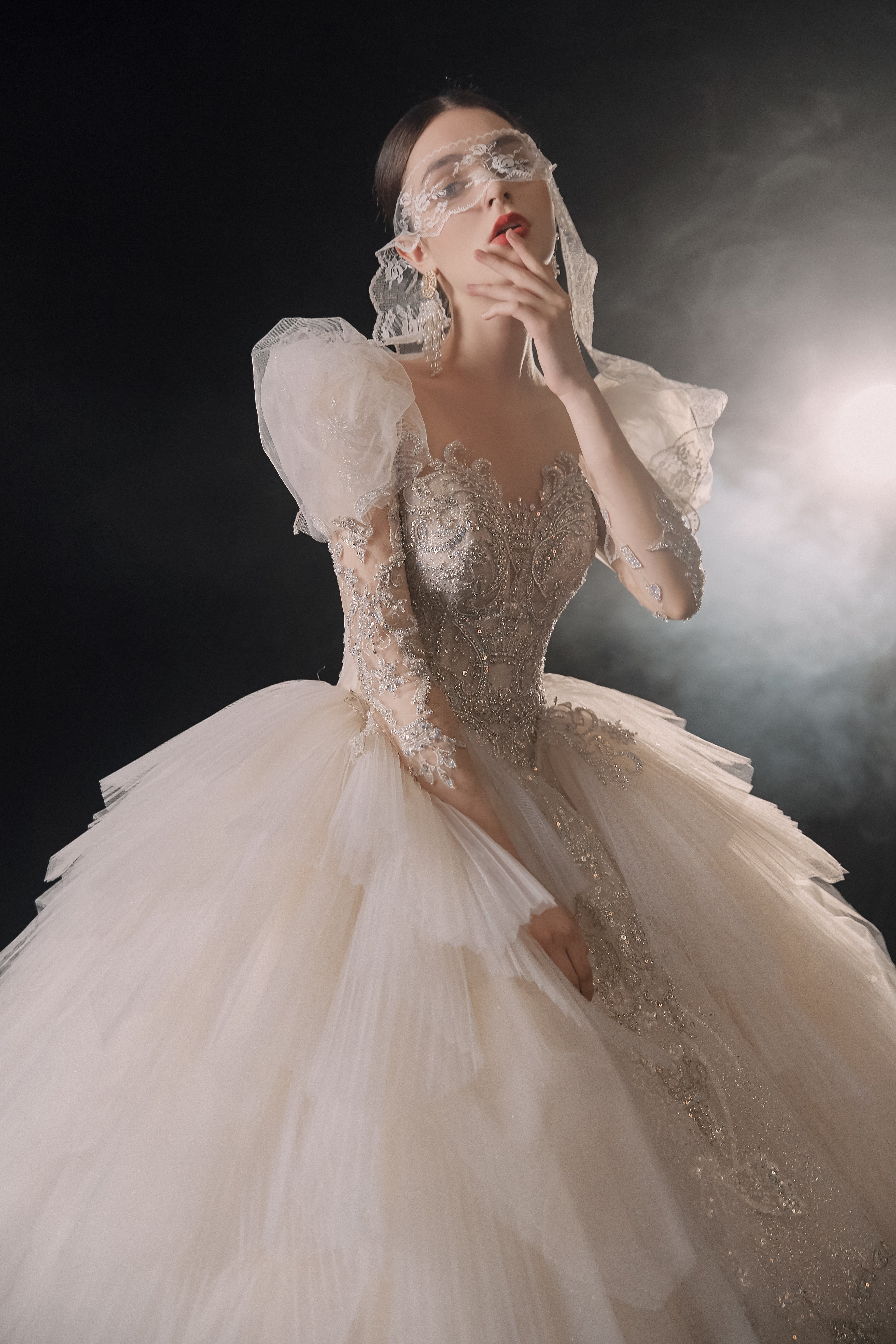 Regal Puff-Sleeve Crystal Ball Gown Wedding Dress with Cathedral Train & Layered Tulle Skirt