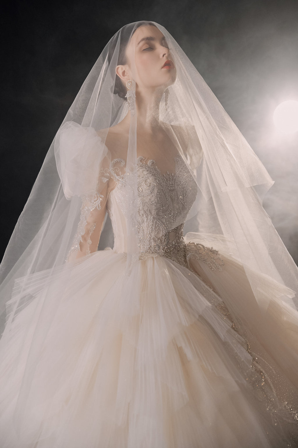 Regal Puff-Sleeve Crystal Ball Gown Wedding Dress with Cathedral Train & Layered Tulle Skirt