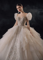 Regal Puff-Sleeve Crystal Ball Gown Wedding Dress with Cathedral Train & Layered Tulle Skirt