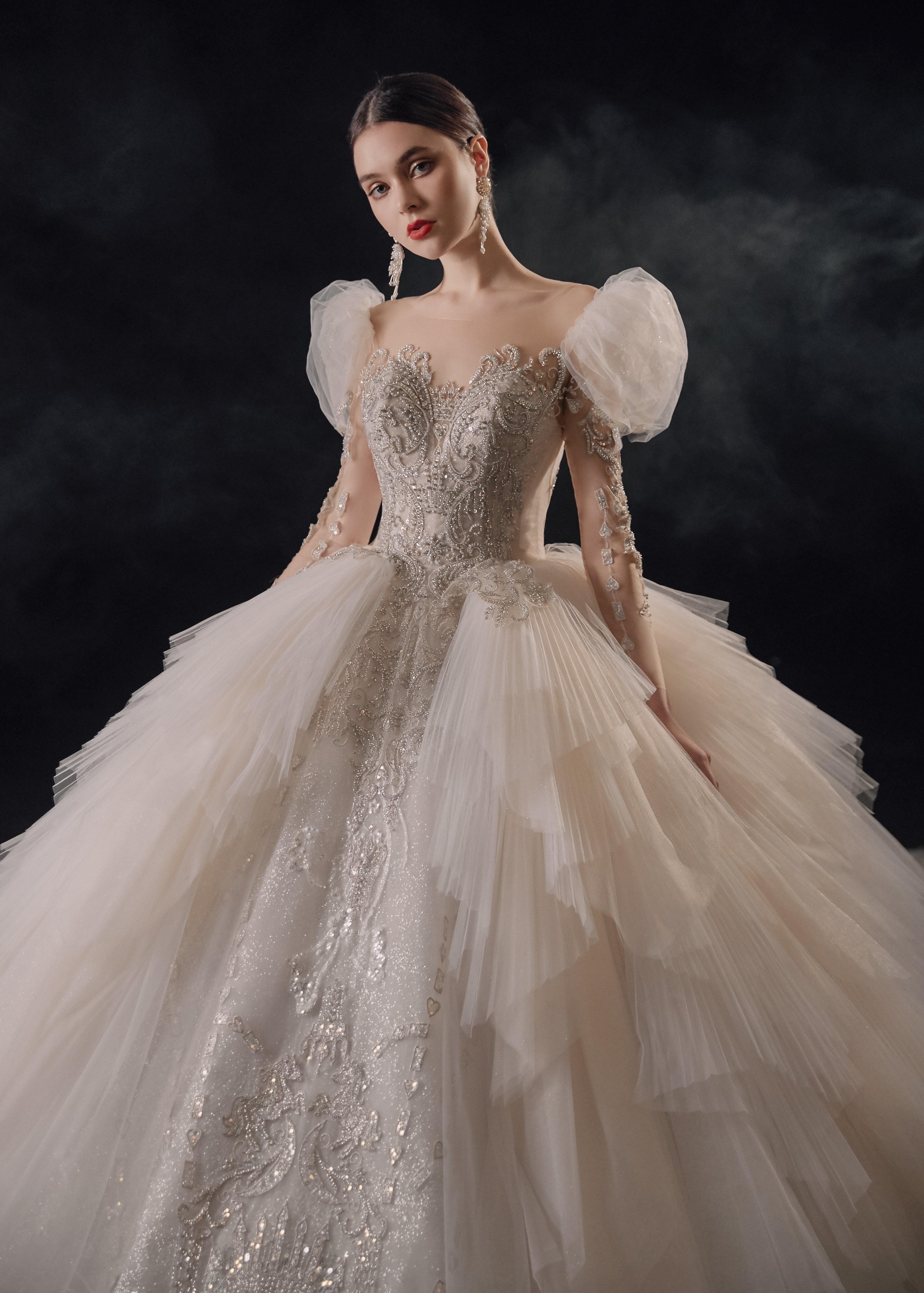 Regal Puff-Sleeve Crystal Ball Gown Wedding Dress with Cathedral Train & Layered Tulle Skirt