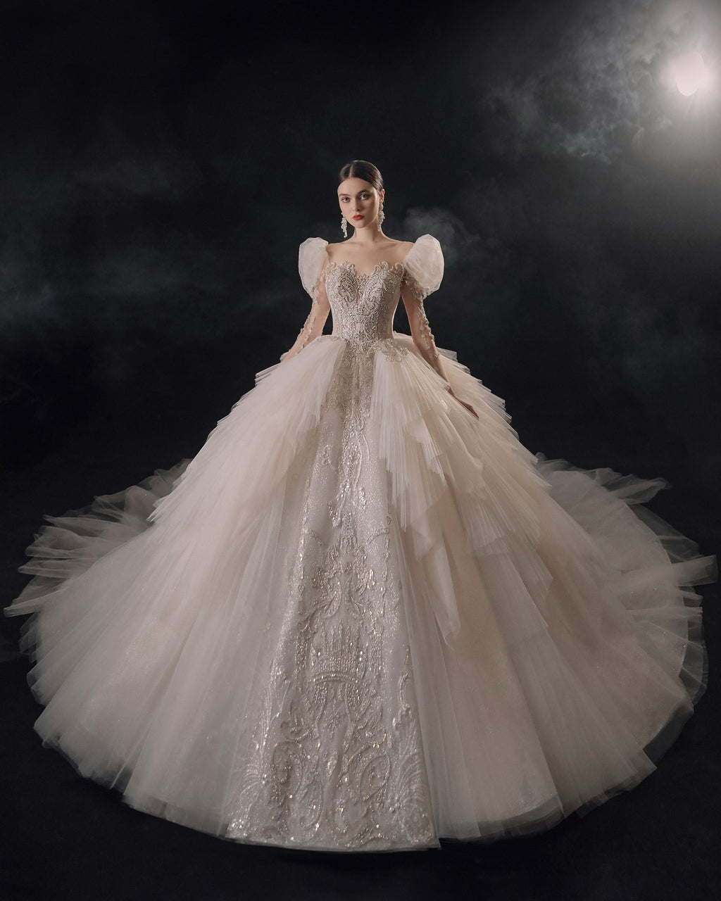 Regal Puff-Sleeve Crystal Ball Gown Wedding Dress with Cathedral Train & Layered Tulle Skirt