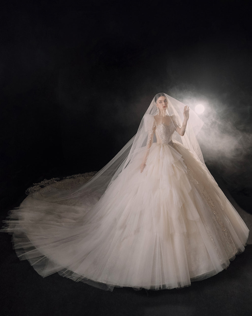Regal Puff-Sleeve Crystal Ball Gown Wedding Dress with Cathedral Train & Layered Tulle Skirt
