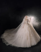 Regal Puff-Sleeve Crystal Ball Gown Wedding Dress with Cathedral Train & Layered Tulle Skirt