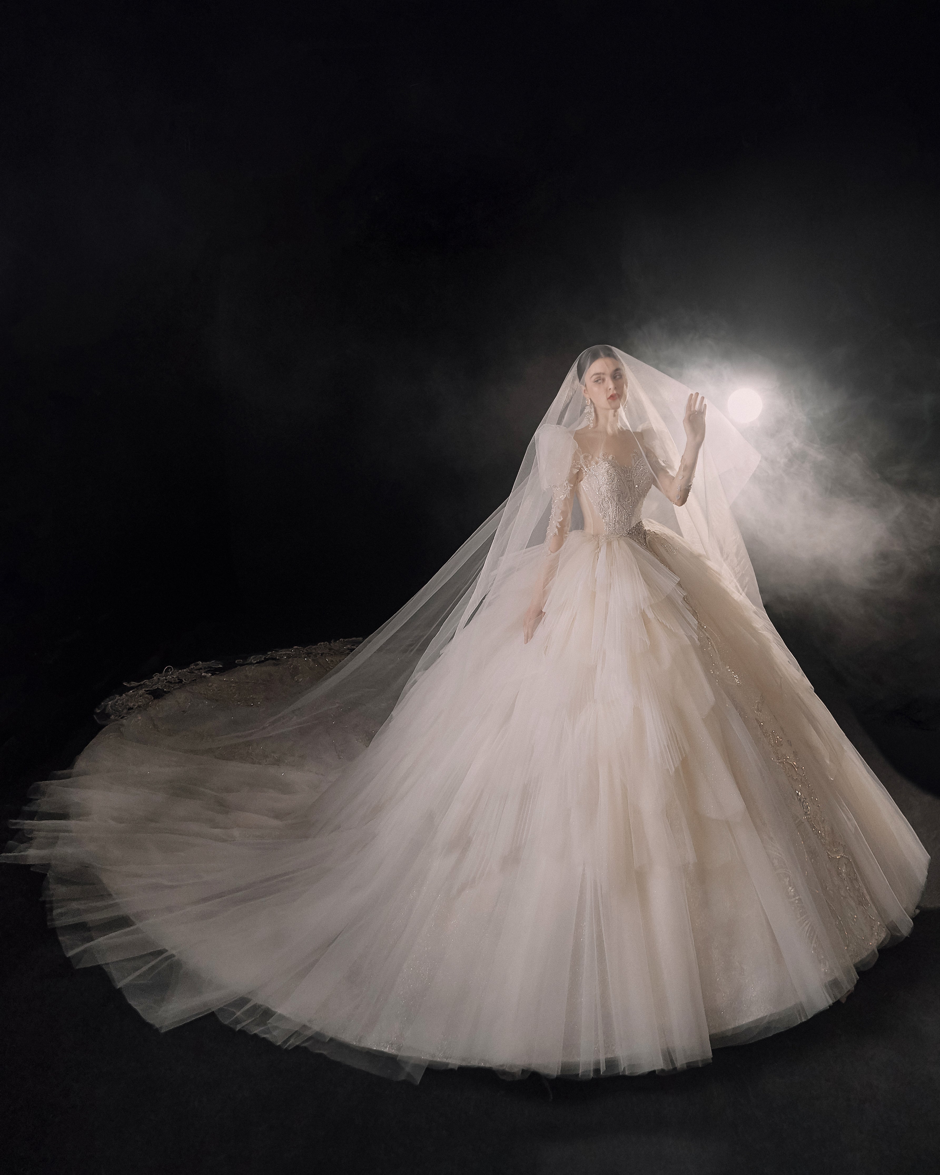 Regal Puff-Sleeve Crystal Ball Gown Wedding Dress with Cathedral Train & Layered Tulle Skirt