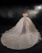 Regal Puff-Sleeve Crystal Ball Gown Wedding Dress with Cathedral Train & Layered Tulle Skirt