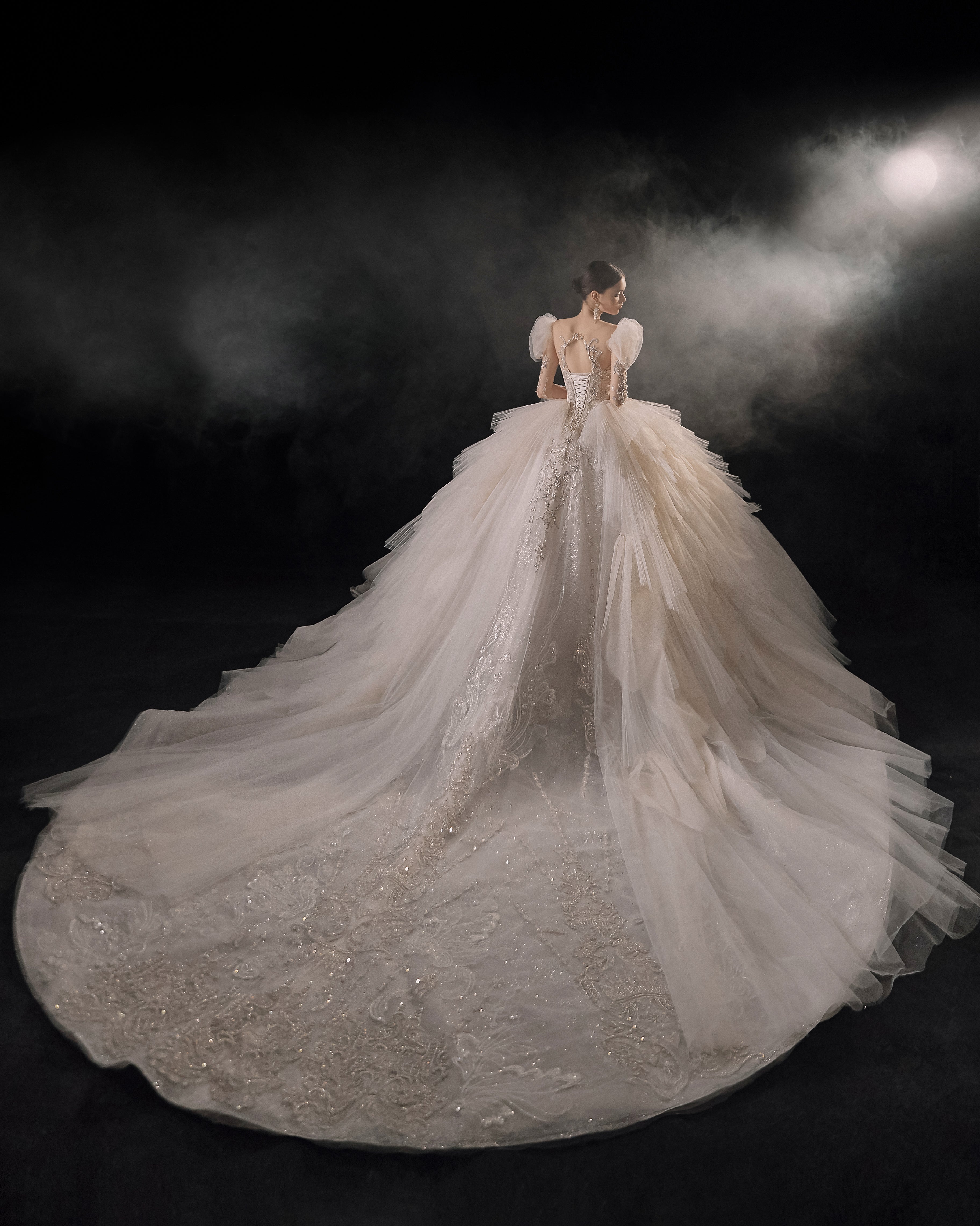 Regal Puff-Sleeve Crystal Ball Gown Wedding Dress with Cathedral Train & Layered Tulle Skirt
