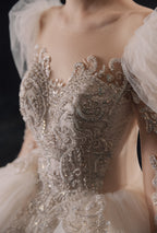 Regal Puff-Sleeve Crystal Ball Gown Wedding Dress with Cathedral Train & Layered Tulle Skirt