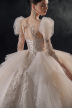 Regal Puff-Sleeve Crystal Ball Gown Wedding Dress with Cathedral Train & Layered Tulle Skirt