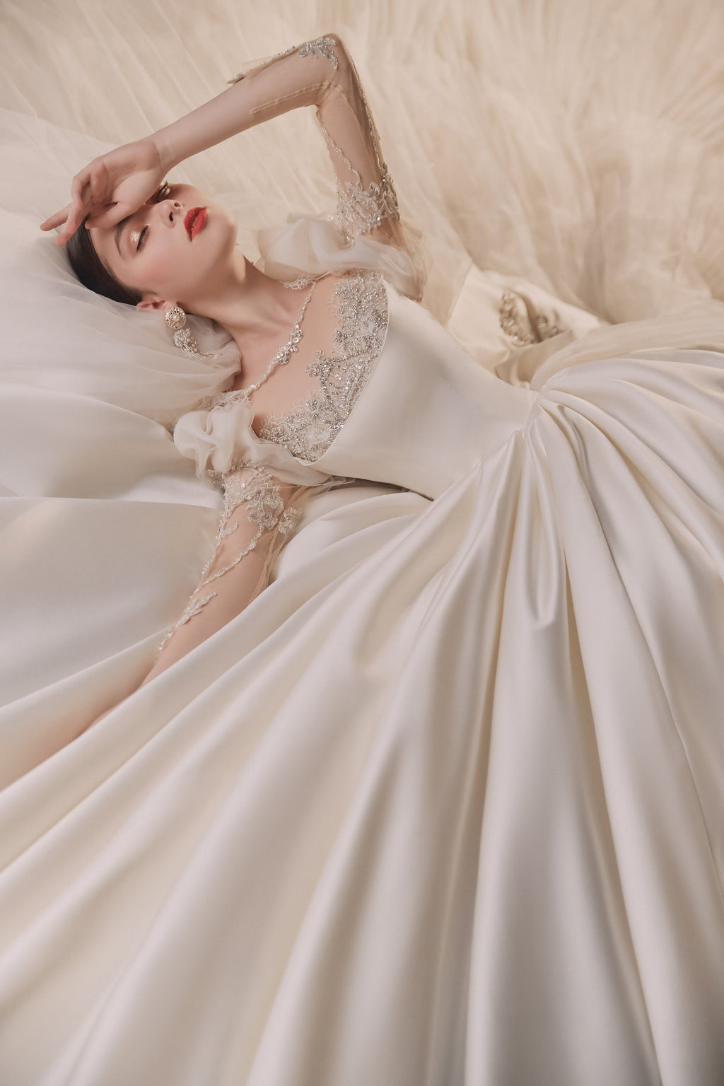 Regal Square Neck Satin Ball Gown Wedding Dress with Oversized Bow & Cathedral Train