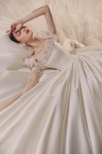 Regal Square Neck Satin Ball Gown Wedding Dress with Oversized Bow & Cathedral Train
