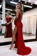 Roycebridal Sparkly Blue Sheath Sequins Long Prom Dress with Slit
