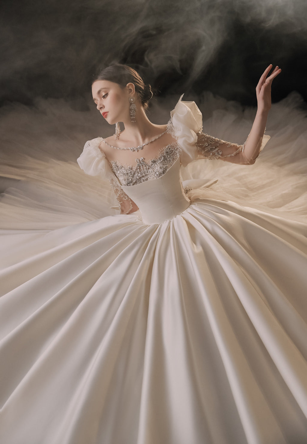 Regal Square Neck Satin Ball Gown Wedding Dress with Oversized Bow & Cathedral Train