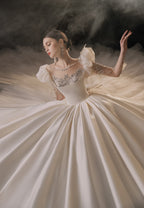 Regal Square Neck Satin Ball Gown Wedding Dress with Oversized Bow & Cathedral Train
