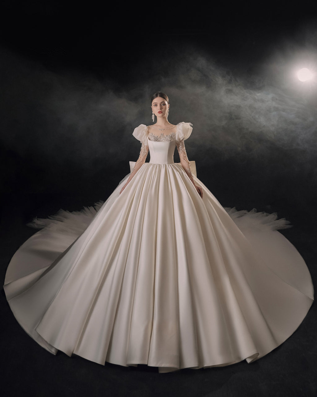 Regal Square Neck Satin Ball Gown Wedding Dress with Oversized Bow & Cathedral Train