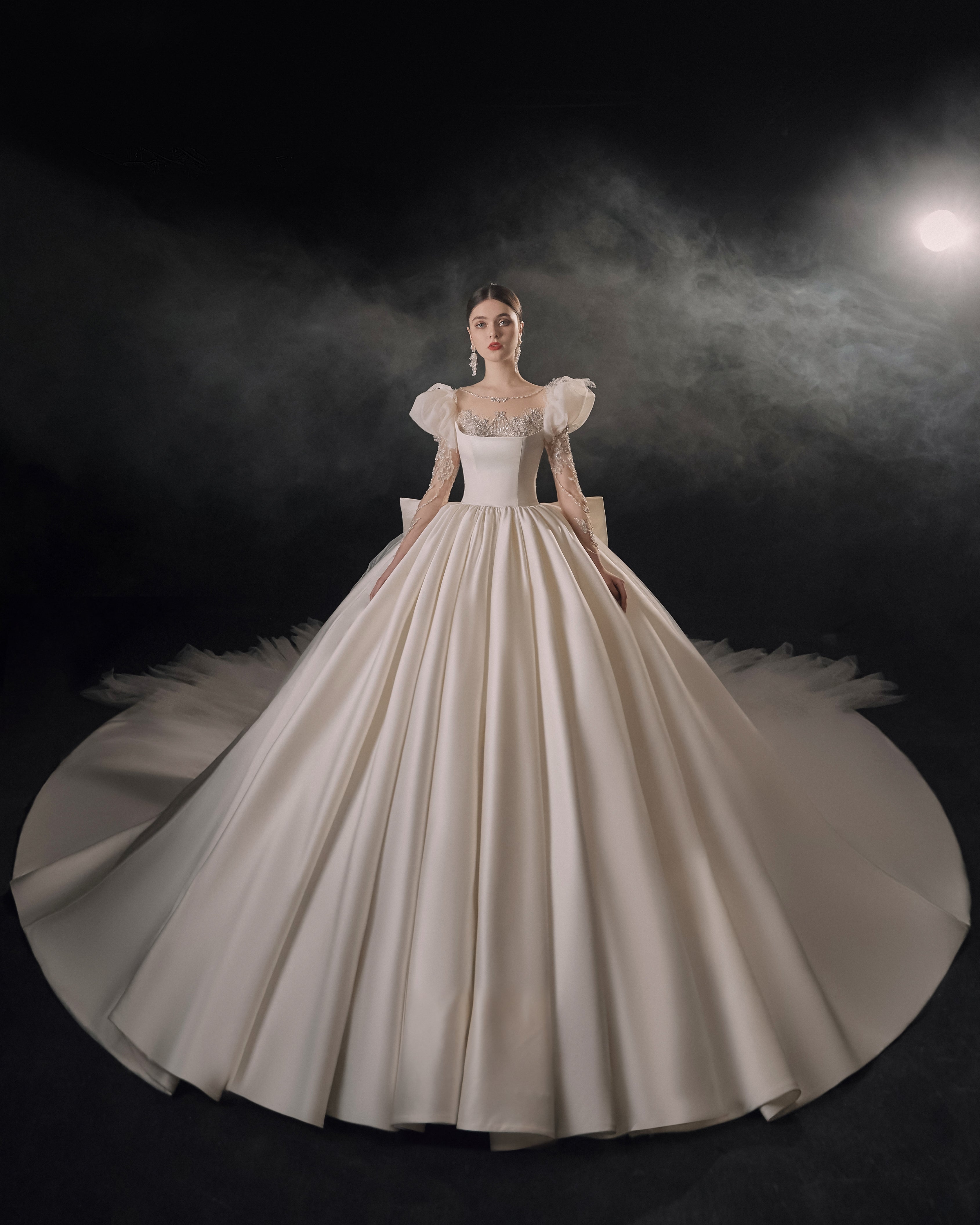 Regal Square Neck Satin Ball Gown Wedding Dress with Oversized Bow & Cathedral Train